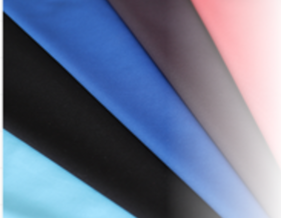 Fan of smooth tricot swatches in black, blue and pale pink.