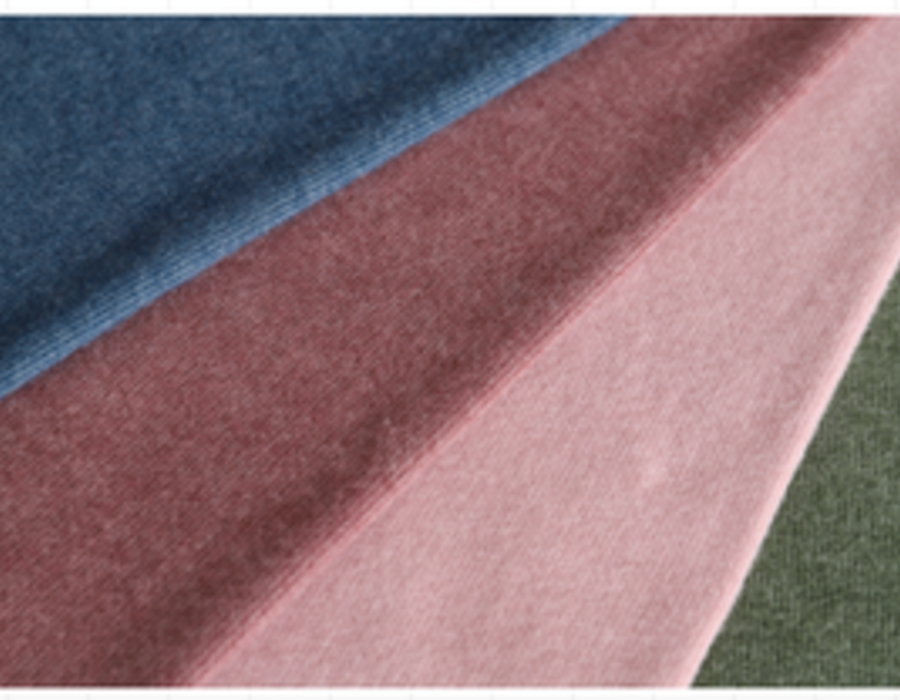 Fan of brushed velour swatches in dusty pink, teal and olive.